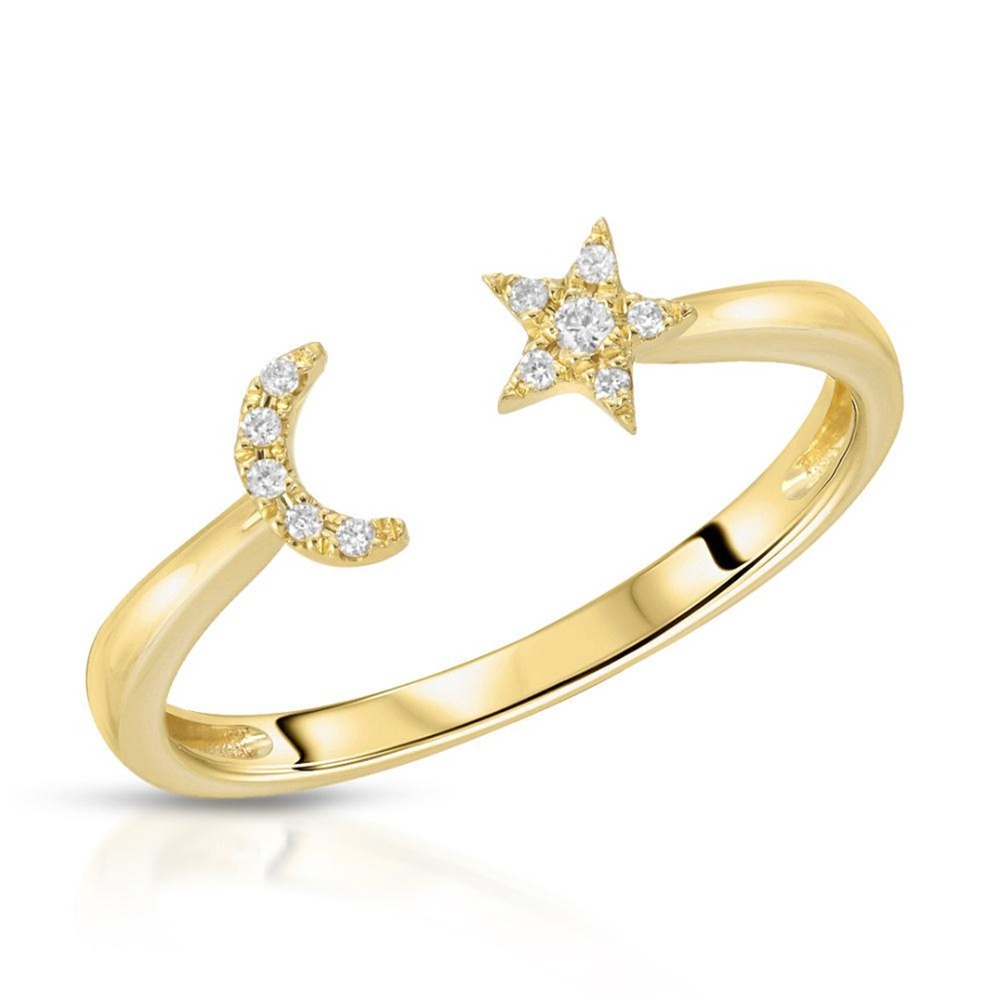 Moon & Star 0.15 CT Diamonds 14K Yellow Band Ring
